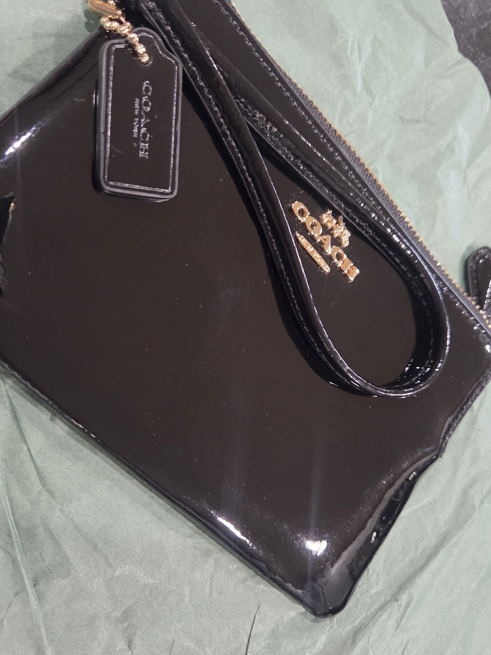 Coach Black Patent Leather Wristlet with Gold Logo - Picture 1 of 9